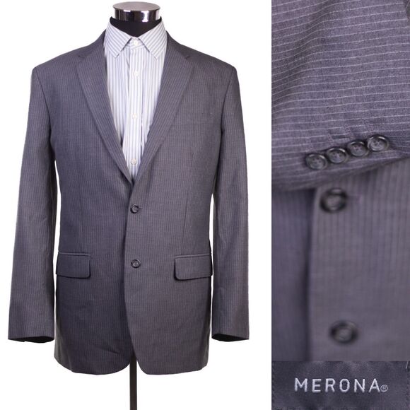 Merona Navy Gray Stripe Sport Coat 42L Polyester Blend Blazer 2 Button - Picture 1 of 13